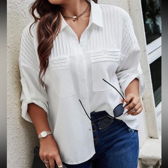 Classic white pleated oversized button up boyfriend top - Picture 8 of 8